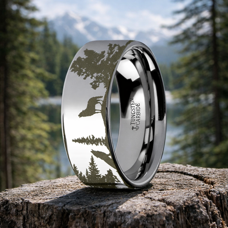 Outdoors Landscape Scene Wolf Wolves Engraved Flat Tungsten Ring 6mm or 8mm