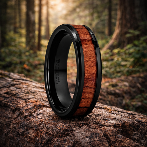Yukon Beveled Black Ceramic Ring with Black Walnut Wood Inlay 6mm