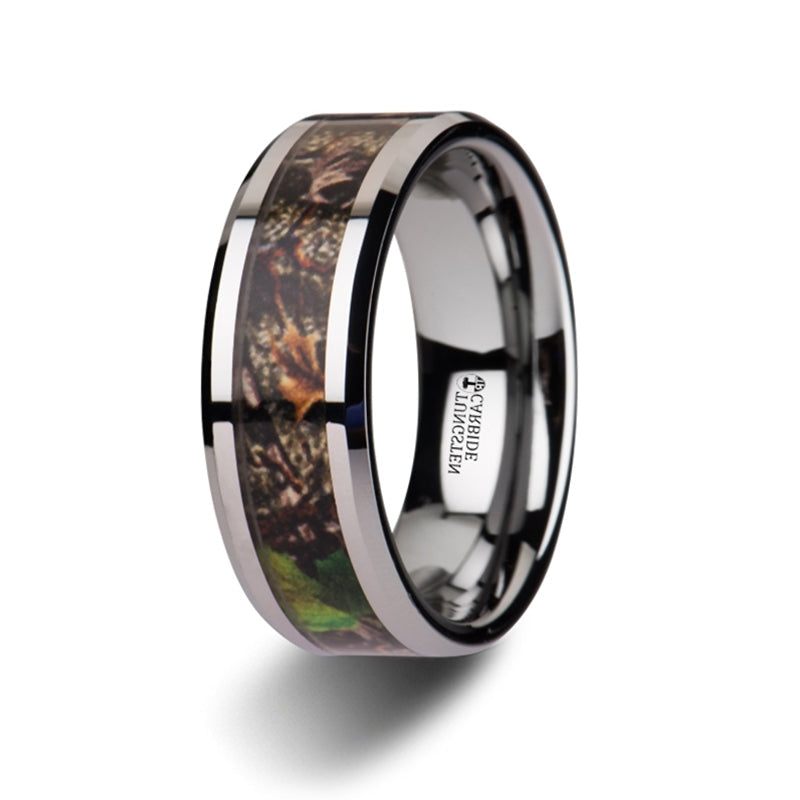 The Overgrowth Realistic Tree Camo Tungsten Carbide Wedding Band with Green Leaves 8mm