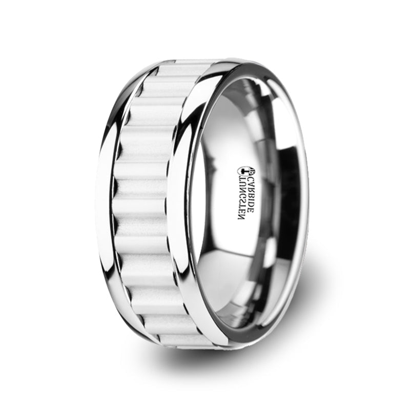 The Cutlass Tungsten Carbide Wedding Band with Gear Teeth Inlay & Polished Edges 9mm