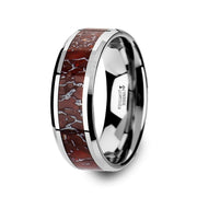The Jurrasic Red Dinosaur Bone Inlaid Tungsten Carbide Beveled Edged Ring 8mm
