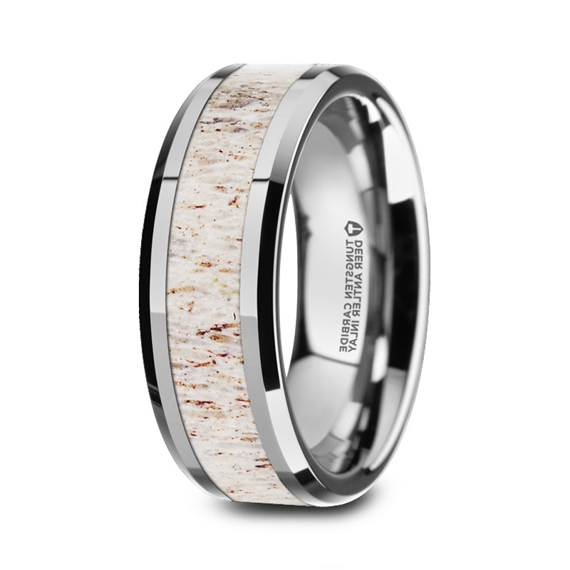 The Whitetail Polished Beveled Tungsten Carbide Band with Off White Deer Antler Inlay 8mm