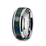 The Essence Men's Beveled Tungsten Carbide Wedding Ring Spectrolite Inlay  8mm