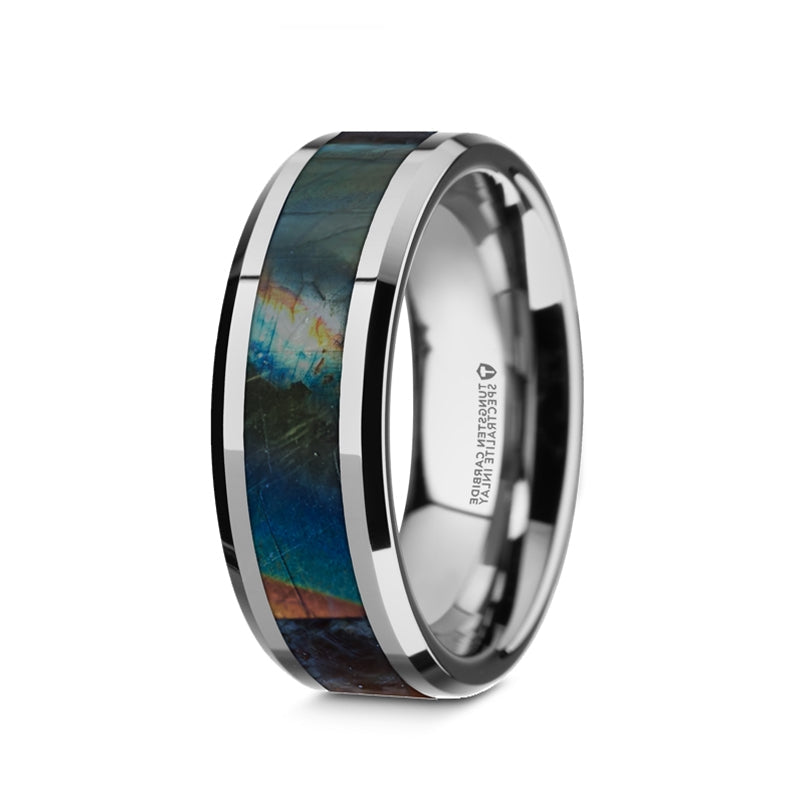 The Essence Men's Beveled Tungsten Carbide Wedding Ring Spectrolite Inlay  8mm