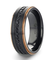 The Astro Flat Brushed Titanium Ring with Rose Gold Edge and Black Sapphire 8mm