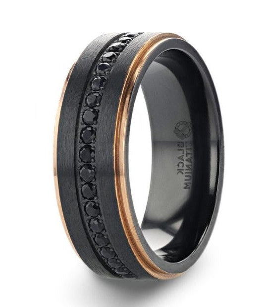 The Astro Flat Brushed Titanium Ring with Rose Gold Edge and Black Sapphire 8mm