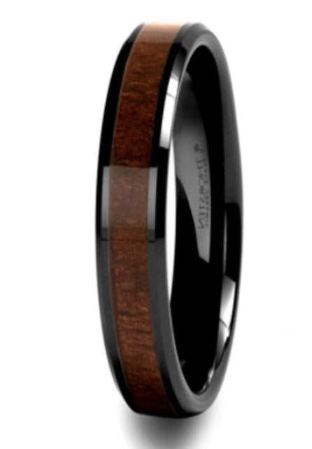 The Yukon Beveled Black Ceramic Ring with Black Walnut Wood Inlay 6mm