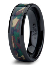 The Ranger Beveled Black Ceramic Wedding Ring Real Military Style Jungle Camo - 6mm