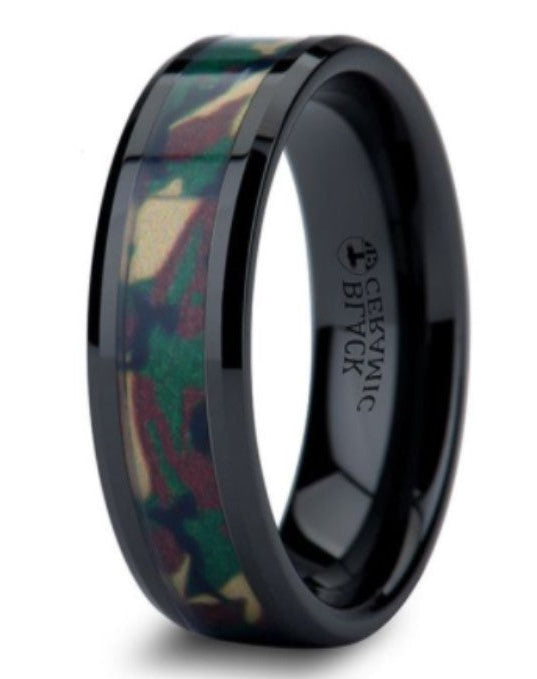 The Ranger Beveled Black Ceramic Wedding Ring Real Military Style Jungle Camo - 6mm