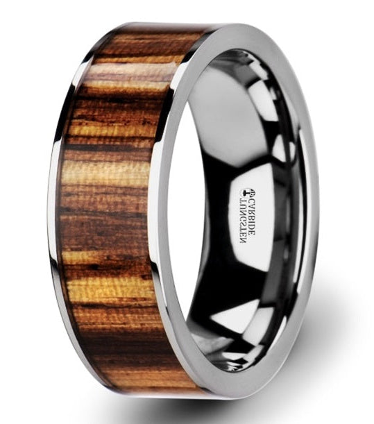 The Copan Flat Tungsten Carbide Ring with Polished Edges & Real Zebra Wood Inlay 8mm