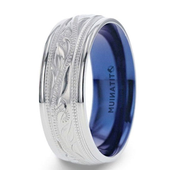 The Mariner Titanium Milgrain Engraved Finish Men 's Ring with Blue Plating Inside 8mm