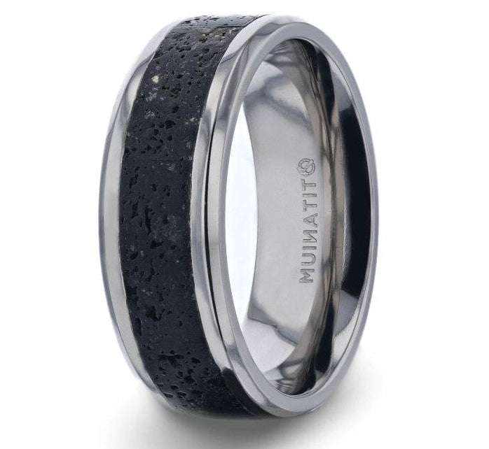 The Mauna Black And Gray Lava Inlaid Titanium Men's Ring Polished Beveled Edges 8mm