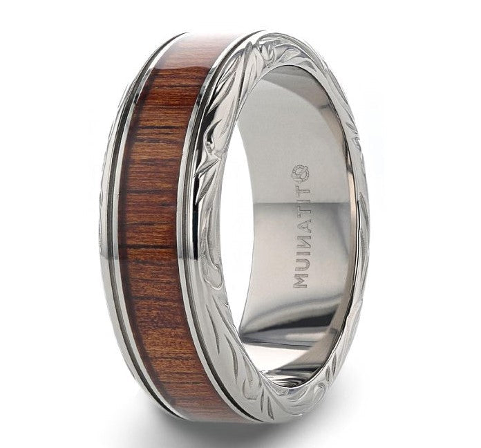 The Ohana Koa Wood Inlaid Titanium Men’s Wedding Ring with Intricate Edges 8mm