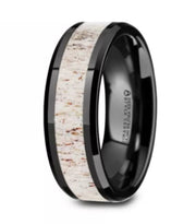 The Stag Black Ceramic Beveled Men's Wedding Band with Off-White Antler Inlay - 8mm