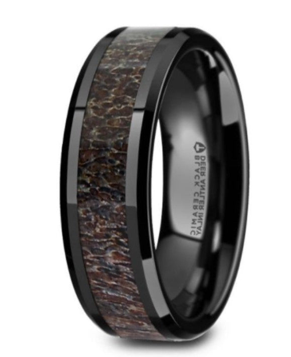 The Tine Black Ceramic Polished Beveled Band with Dark Brown Antler Inlay - 6mm