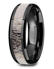 The Tres Beveled Black Ceramic Polished Men's Band with Ombre Antler Inlay - 8mm