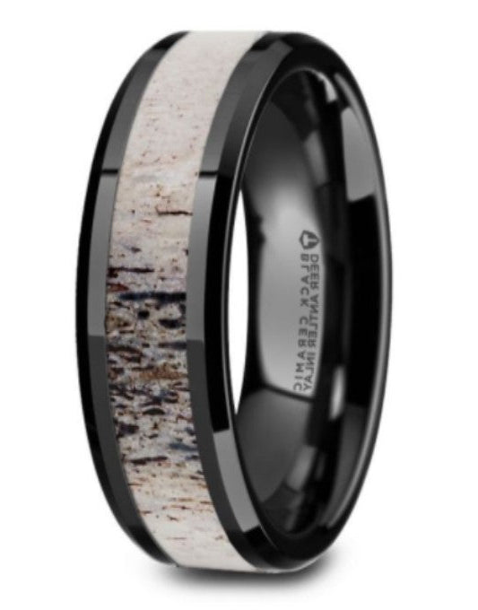 The Tres Beveled Black Ceramic Polished Men's Band with Ombre Antler Inlay - 8mm